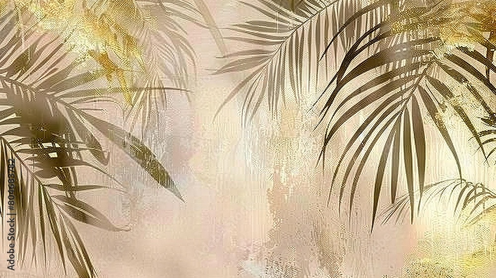 Poster a painting of palm leaves against a pink and beige background features a gold leaf design on its lef