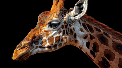   A close-up of a giraffe's head against a black background