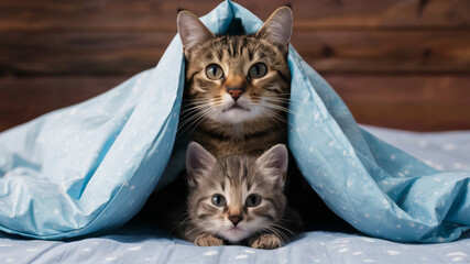 Cute cat and kitten hiding under a blue blanket with white dots, creating an atmosphere of coziness and warmth