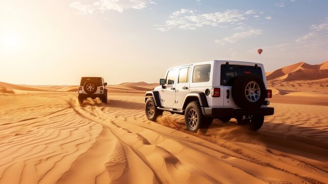 White jeep wrangler driving fast through the sandy desert under the clear blue sky on a sunny day