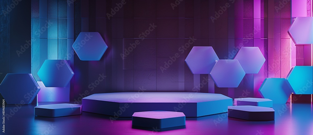Wall mural 3d render abstract background with empty blue and purple hexagon podium scene for product presentati