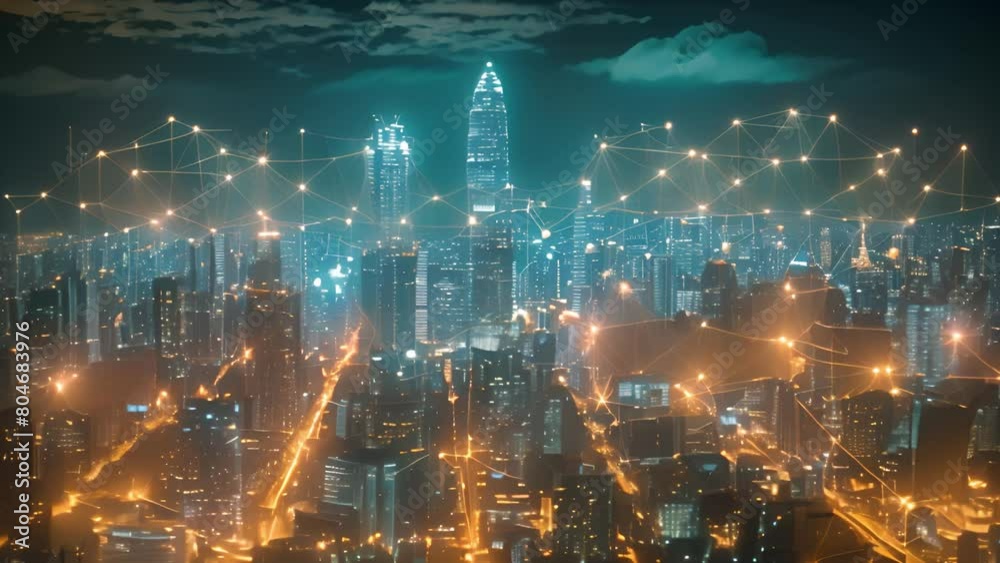 Poster a city illuminated at night with a network of glowing lines overlaying it, showcasing urban connecti