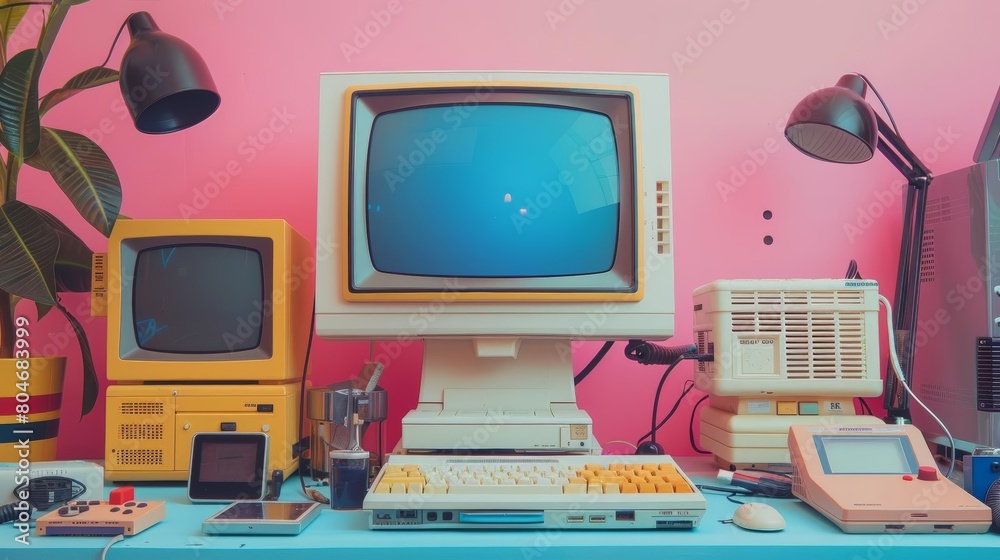 Wall mural a vintage computer setup on a blue table against a pink background. the setup includes a crt monitor