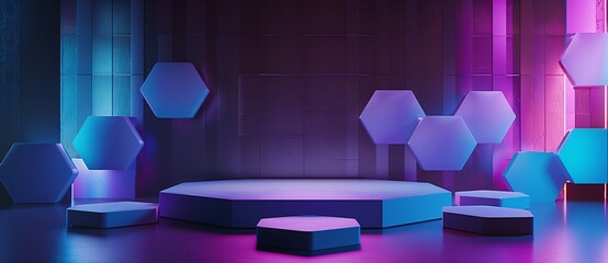 3d render abstract background with empty blue and purple hexagon podium scene for product presentation design