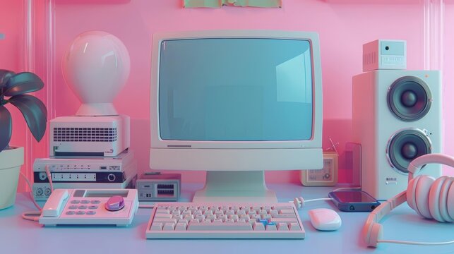 A vintage computer sits on a desk in a pink room. The computer is surrounded by a variety of electronic devices. The overall aesthetic is retro and nostalgic.