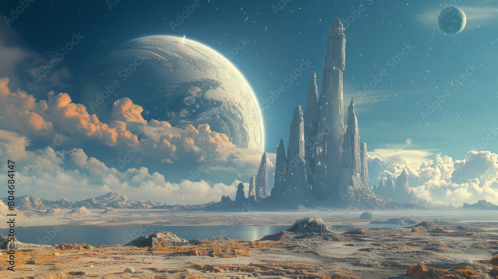 Aufkleber A space scene with a large planet and a large tower. The sky is cloudy and the sun is setting
