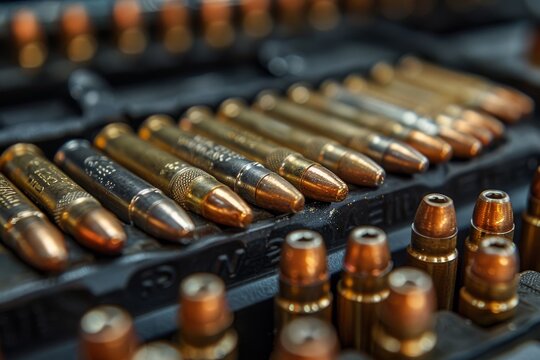 An intricate display of various types of firearm ammunition meticulously placed in rows showcasing the diversity and detail of each bullet