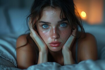 Fototapeta premium A close-up reveals a young woman with sweat on her face, lying down with a thoughtful expression