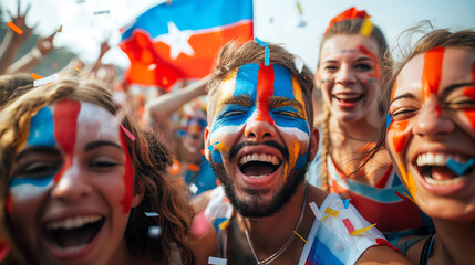 Jubilant Sports Fans Celebrating Victory with Vibrant Face Paint at Stadium