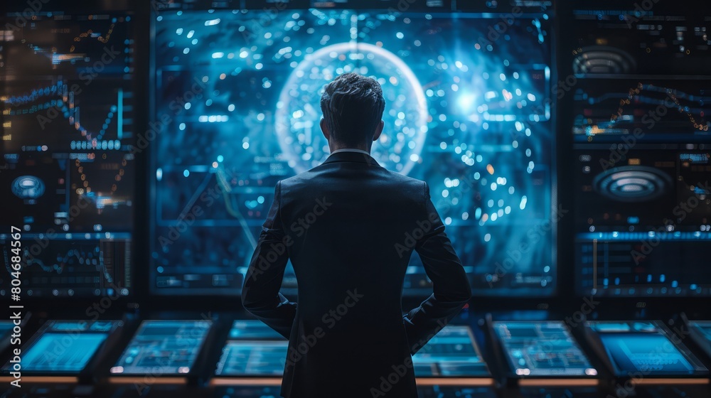 Aufkleber A man in a suit stands in front of a computer monitor displaying a blue screen with a large circle in the center. The man is looking at the screen intently