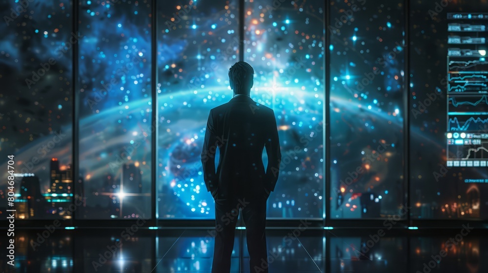 Poster a man stands in front of a window looking out at the stars. the scene is set in a futuristic environ