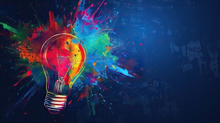 Creative light bulb explodes with colorful paint splashes and shards of glass on a black background. Think differently creative idea concept. Dry paint splatter. AI generated illustration.