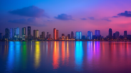 Obraz premium Vibrant Sunset Skyline Reflections on Water in Urban Cityscape