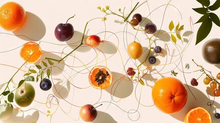   Oranges, cherries, and other fruits are displayed on a white background with green foliage