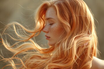 A person's vibrant red hair is tossed by the wind, creating a lively and dynamic visual against a soft background