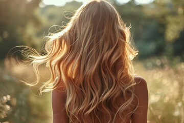 A woman with her back to the camera, her long, wavy blonde hair is highlighted by the sunlight