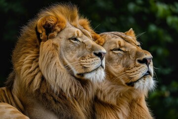 Obraz premium Loyal African lion couple. Pair of wildlife pride predator animals. Generate ai