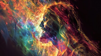 Jesus Christ painting with radiant colorful energy of light in cosmic space
