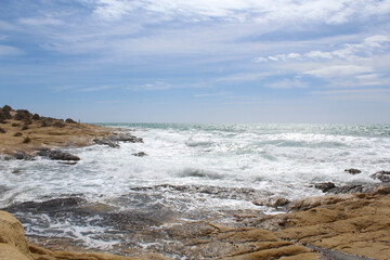 Fototapeta na wymiar natural background of sky, sea and rocks, Mediterranean coast in Spain