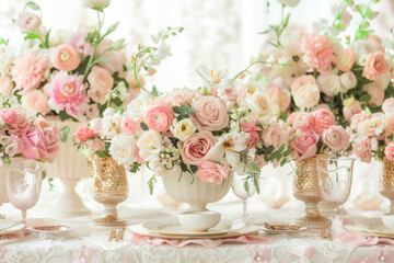 Obraz premium Pink and white wedding table setting with gold dishes. Generative AI