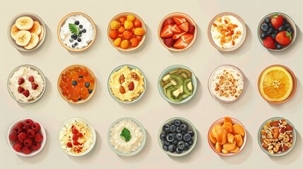   A collection of bowls containing various fruits and cereals stacked atop one another on a white background