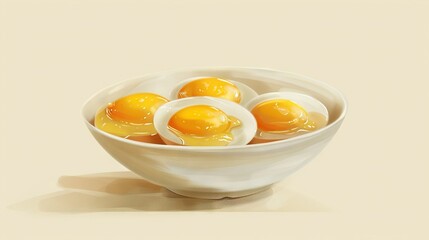   Hard-boiled eggs in bowl on white countertop next to ketchup bottle
