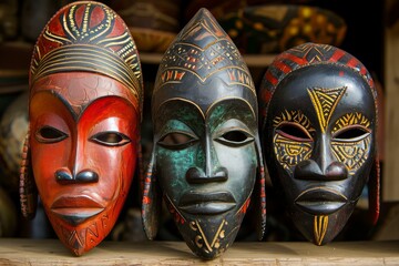 Ancient Tribal African masks. Ethnic antique colorful wooden ritual masks. Generate ai
