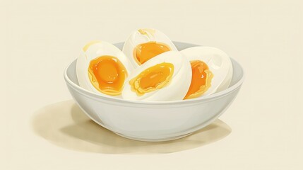   A white table holds a bowl full of hard-boiled eggs, accompanied by a bottle of ketchup