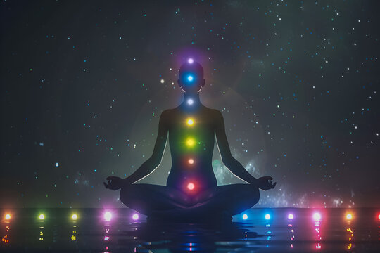 Silhouette of a man in lotus with chakra colors