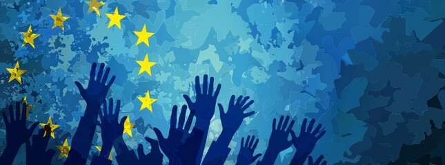 European Union Unity, Community Support and Solidarity, Raised Hands with Stars on Blue Background