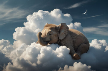 Dreamy baby elephant resting on clouds under a clear sky, creating an atmosphere of serenity and fantasy