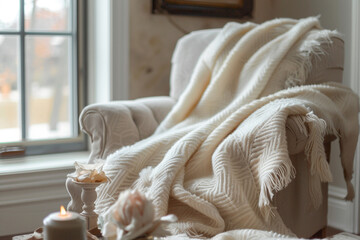 A plush throw blanket draped over a reading chair, inviting relaxation.