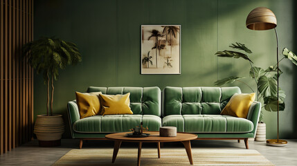 Explore the mock living room with a green sofa, wooden pots, and a floor lamp, showcasing contemporary interior design for a truly exquisite ambiance