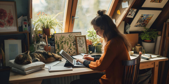 Freelance graphic designer in a cozy attic workspace, surrounded by inspirational art, working on a drawing tablet, cat curled up beside her.