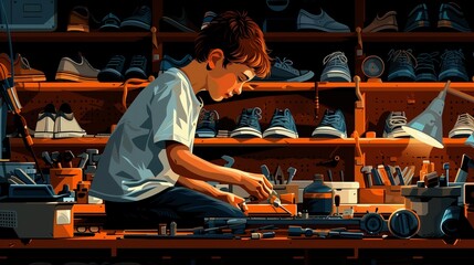 A young boy working as a cobbler, flat solid color illustration, mahogany background, focusing on the shoe repair tools and the child’s concentration