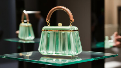 Elegant green purse with brown handle on glass table, illuminated in a dark room