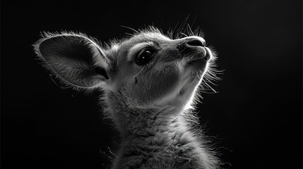   A monochrome image of a tiny creature with its mouth agape and widened eyes gazing upward - obrazy, fototapety, plakaty