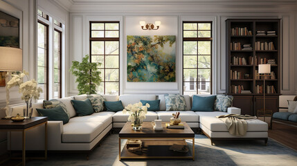 Impeccably styled living room adorned with tasteful decor and furnishings