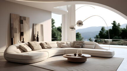 In the white living room interior, the sofa, modular in design, stands alongside an elegant lamp