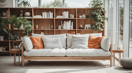 Indoor shot of hygge or scandi style couch in the living room in Cologne, Germany, radiates comfort and sophistication