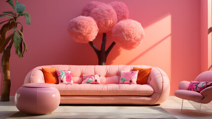 Interior design for the living area with stylish home accessories on a bright pink background introduces a playful and chic element to the overall decor