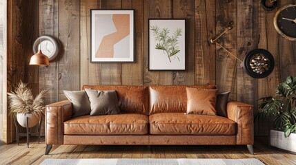 Living room wall mockup frame with beige brown leather sofa and decorations on the wall and wooden panel background.