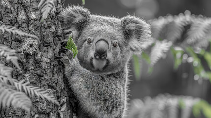  A black-and-white photograph depicts a koala bear on a tree with a fern in its mouth