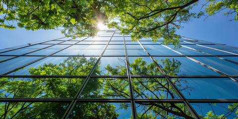 Green tree reflecting in shining glass walls of modern office building. Eco-friendly building in modern city. Sustainable glass office building with tree for reducing carbon dioxide.