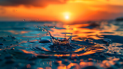 Close-up of a drop of water falling into the endless sea. A drop in the ocean at sunset. Water...