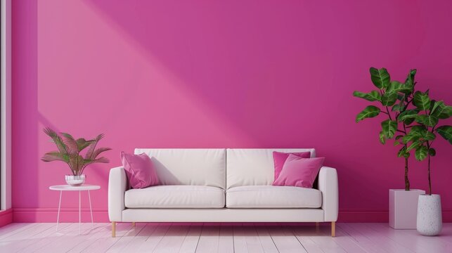 Livingroom in trend viva magenta wall background mockup with sofa furniture and decor.