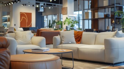 An inviting scene at a furniture store with modern sofas, artistic wall paintings, and green plants