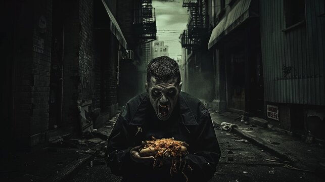 In a dark alley, the vampire hungrily devours their fastfood prey, a scene both terrifying and absurd, high detailed ,