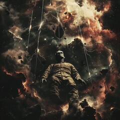 With bolts crackling with electricity, Frankenstein drifts effortlessly through the cosmos, a lone figure in the void, vibrant ,