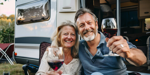 Happy mature couple sitting by their caravan home drinking red wine. Senior husband and wife traveling on holidays by trailer camper van.